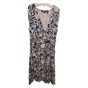 Lands End Yellow Blue Tie Front V-Neck Tropical Fish Dress Size Medium